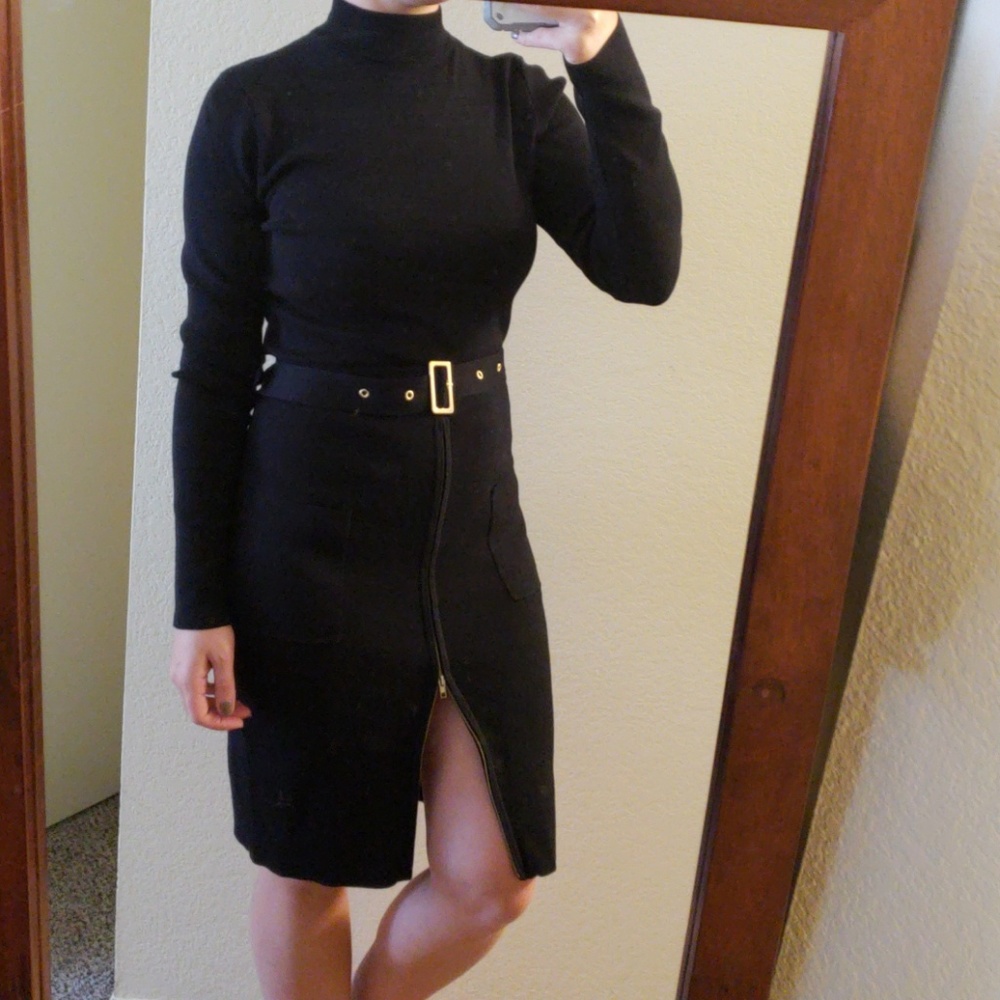 Black turtle neck dress with belt